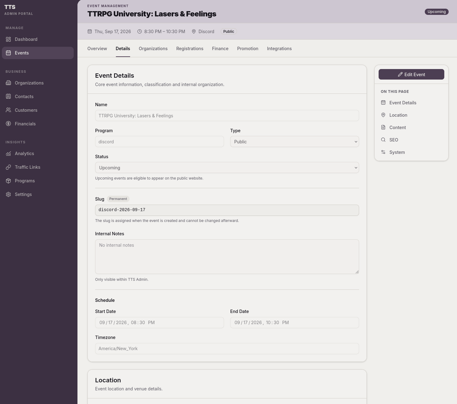 The Tabletop Society internal operations platform event management screen