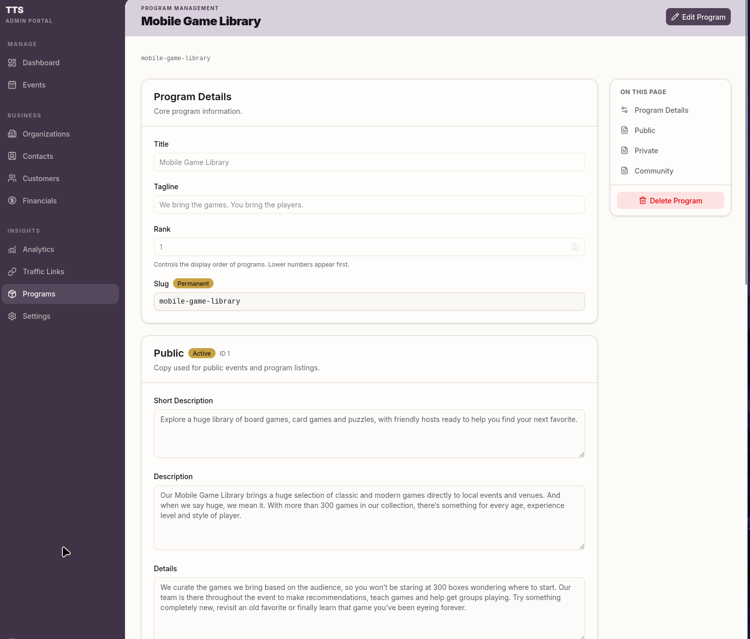 Program management screen in The Tabletop Society operations platform